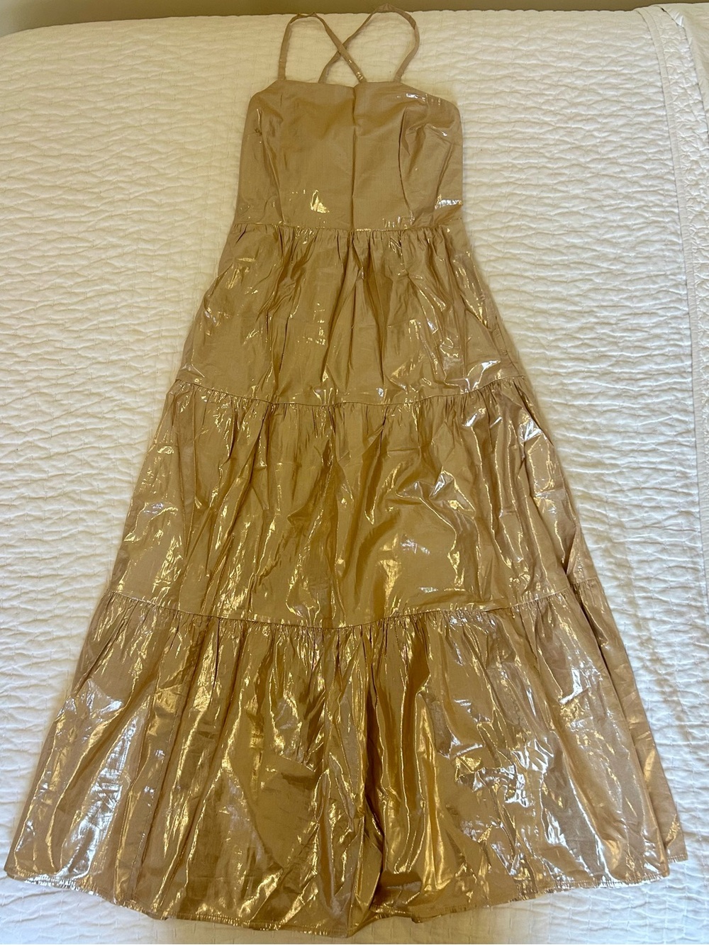 GAP Shimmer Halter Tie Back Tiered Maxi Dress in Shimmery Beige - Picture 3 of 5